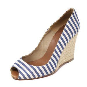 Christian Louboutin Blue White Stripes Canvas Wedges Slip ON